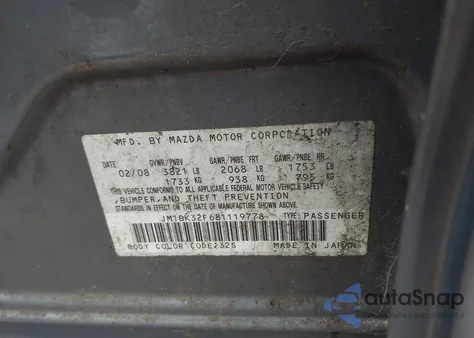 2008 Mazda Mazda3 I Touring Value из США, поврежденный, VIN JM1BK32F681119778